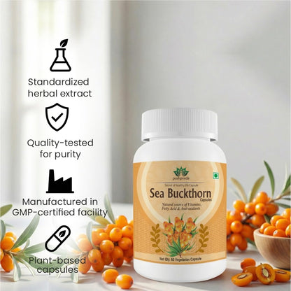 Pushpveda Sea Buckthorn Extract Capsules 500mg | Himalayan Seabuckthorn with Omega 3, 6, 7 & 9 | Natural Antioxidant Supplement for Skin, Immunity & Daily Wellness | Veg Capsules | 60 Capsules