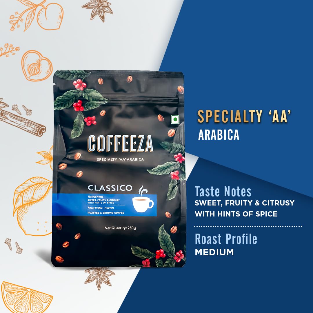 COFFEEZA Classico Coffee | Fine Grind (Espresso & Moka Pots) | 100% Arabica Premium Grade, Medium Roasted Coffee,Ground - 250Gm, Bag