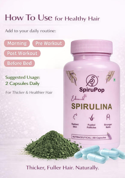 SpiruPop Spirulina Capsules for Women Hair Care | With Biotin, Zinc & Vitamin E | Natural Antioxidant Supplement for Stronger, Healthier Hair | Vegan, Non-GMO, Gluten Free | 60 Capsules