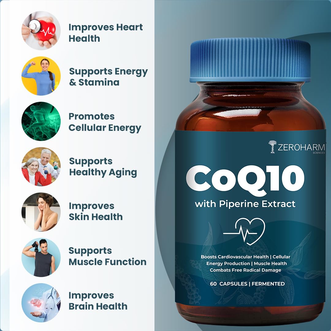ZEROHARM CoQ10 250 mg with Piperine & Grape Seed Extract - High Absorption-Fermented Coenzyme Q10 Supplement- Antioxidant Support For Men & Women - 60 Veg Capsules
