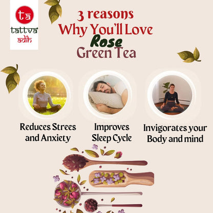 Tattva Adih Rose Green Tea - 100 grams 60+ Cups | For Glowing Skin | 100% Whole Leaf & Natural Rose Petals | Ziplock Pouch | Made with Whole Leaf & Natural Rose's Petals | Refreshing & Aromatic