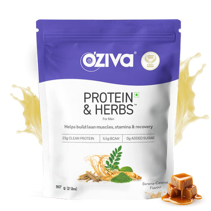 OZiva Protein & Herbs for Men (Banana Caramel)| Clean Protein, Shatavari, Green