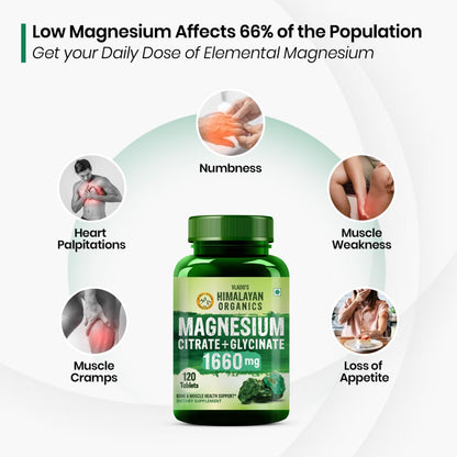 Vlado’s Himalayan Organics Magnesium Citrate + Glycinate + Oxide Complex 1660 mg Supplement For Men And Women | Boost Heart, Nerve & Muscle Health | Good For Strong Bones | Maintain Sugar Level - 120 Vegetarian Tablets