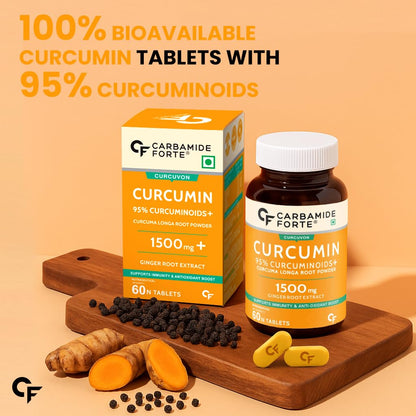 Carbamide Forte Curcumin Tablets with Piperine and 95% Curcuminoids | Anti inflammatory Supplement for Adults | With Curcuma Longa, Turmeric & Ginger Root extract | 60 Veg Tablets
