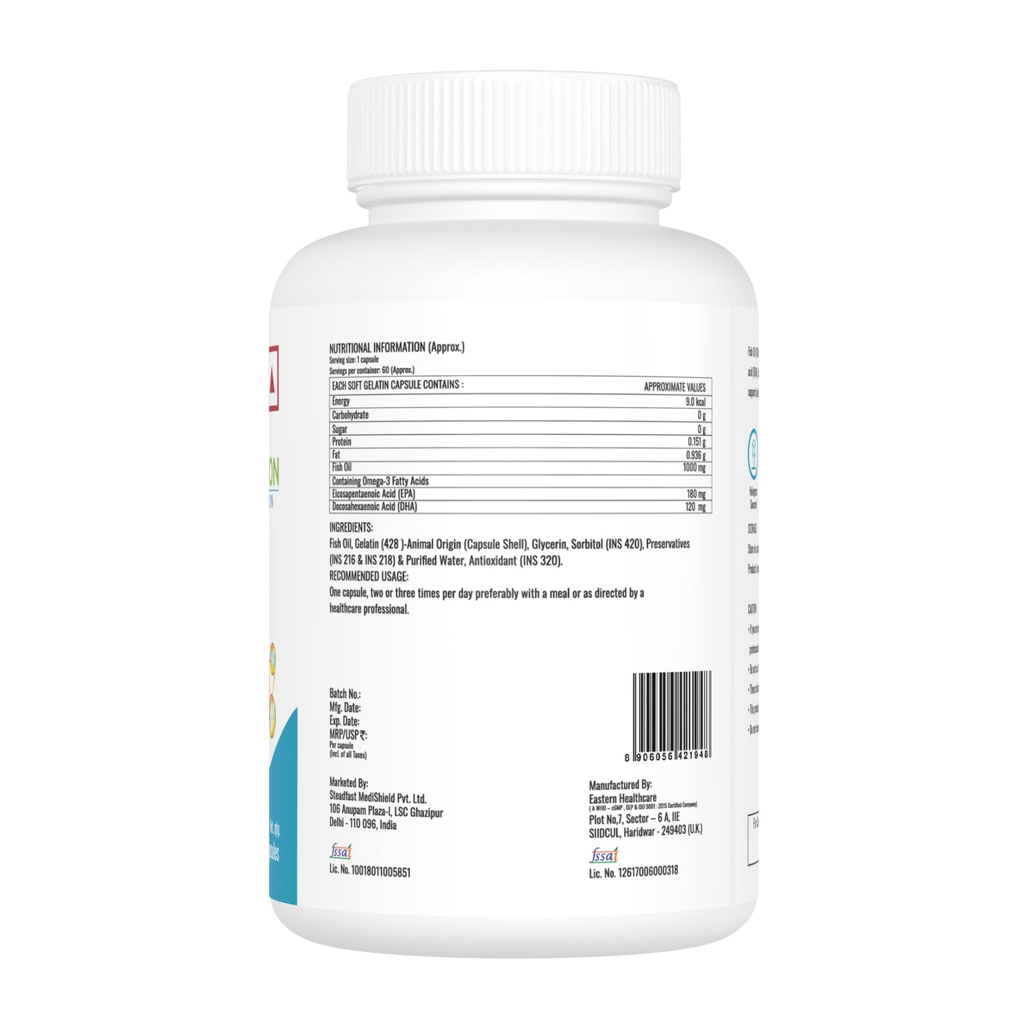 Steadfast Nutrition Fish Oil Omegs- 3, 1000mg Triple Strength for Healthy Heart, Brains, Joints & Body (60 Softgel Capsules)