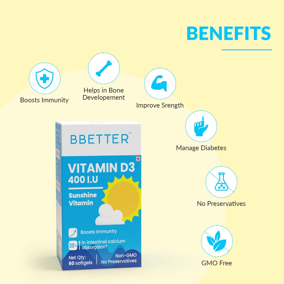 BBETTER Vitamin D3 Supplement for Immunity, Healthy Bones & Strong Muscles - 60 softgels of Vitamin D (Cholecalciferol) with the recommended daily dosage of 400IU