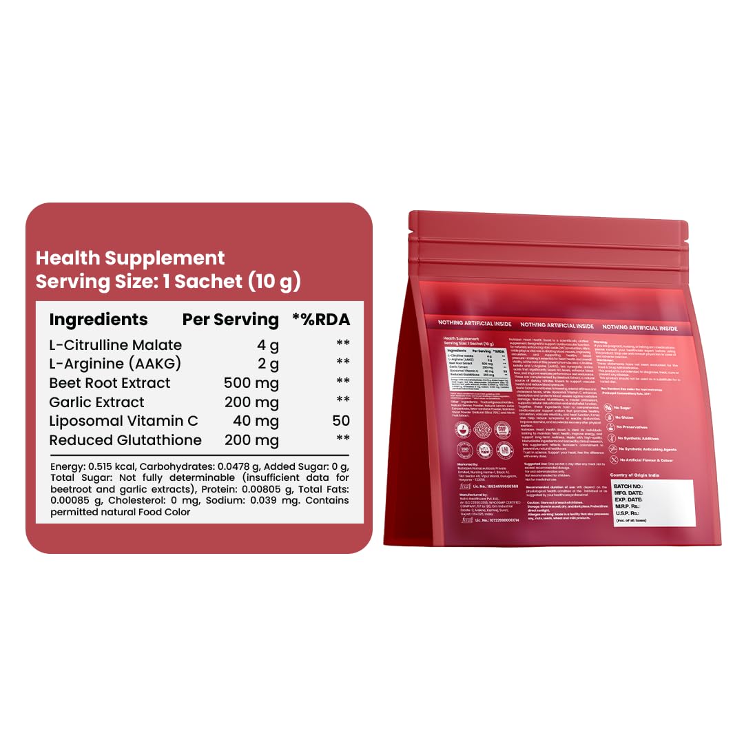 Nutrazen Heart Health Boost | L-Arginine, L-Citrulline Malate, Beetroot & Garlic Extract | Supports Healthy Circulation, Vitality & Energy | With Liposomal Vitamin C & Glutathione Antioxidant Formula | 30 Sachets