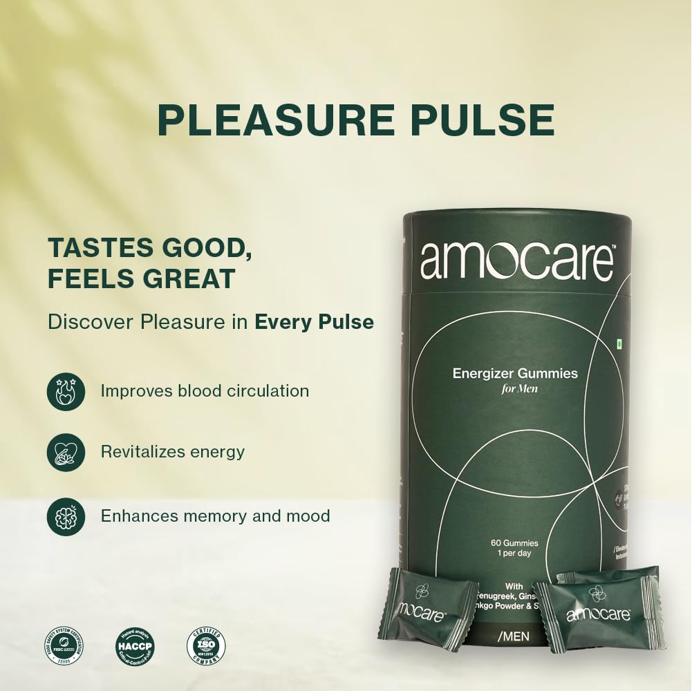 Amocare Energy Gummies for Men | Fenugreek, Ginseng, Ginkgo Powder & Saffron | Improves Energy & Muscle Strength, Promotes Well-Being | Strawberry & Mint Flavour | 60 Gummies - 1 Per Day | Veg