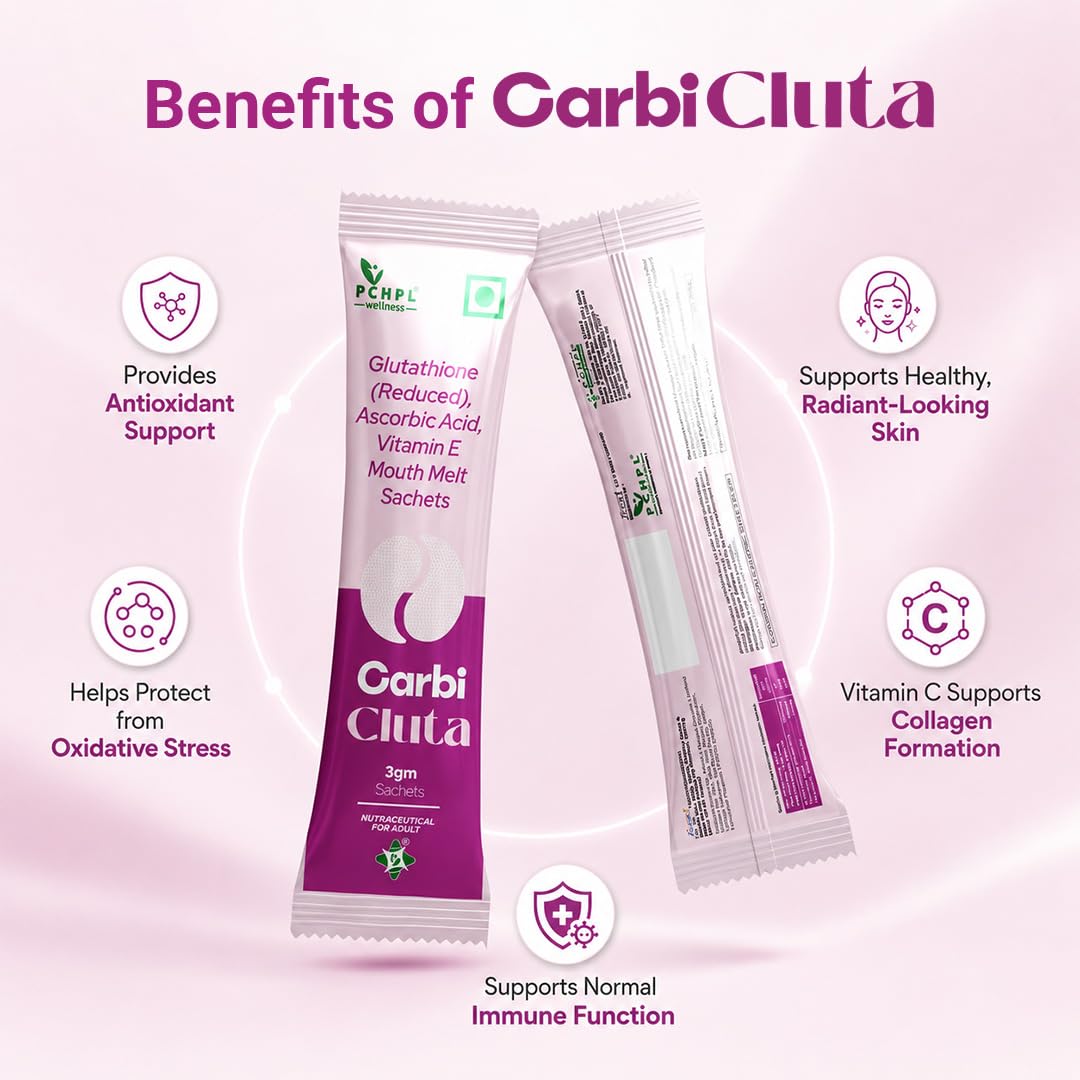 Carbi Cluta Reduced Glutathione Mouth Melt Sachets with Vitamin C & E – Orange Flavour, Sugar-Free, 10 x 3g Sachets