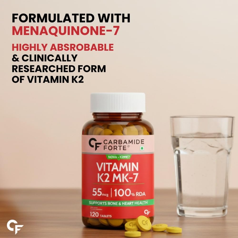 Carbamide Forte Vitamin K2 MK7 55 mcg | MK7 Form for Better Calcium Utilization | Vitamin K2 Supplement To Support Strong Bones & Heart Health for Men & Women | 120 Vegetarian Tablets