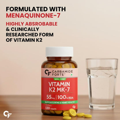 Carbamide Forte Vitamin K2 MK7 55 mcg | MK7 Form for Better Calcium Utilization | Vitamin K2 Supplement To Support Strong Bones & Heart Health for Men & Women | 120 Vegetarian Tablets
