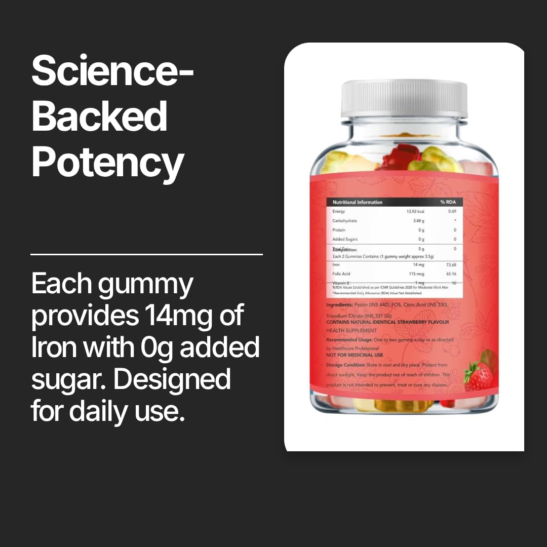IronChews Daily Energy & Anti-Fatigue Gummies | Iron, Folic Acid & Vitamin E for Women & Men | Workout & Stamina and Absorption | Vegan Strawberry Gummies | 30 Count | No Added Sugar
