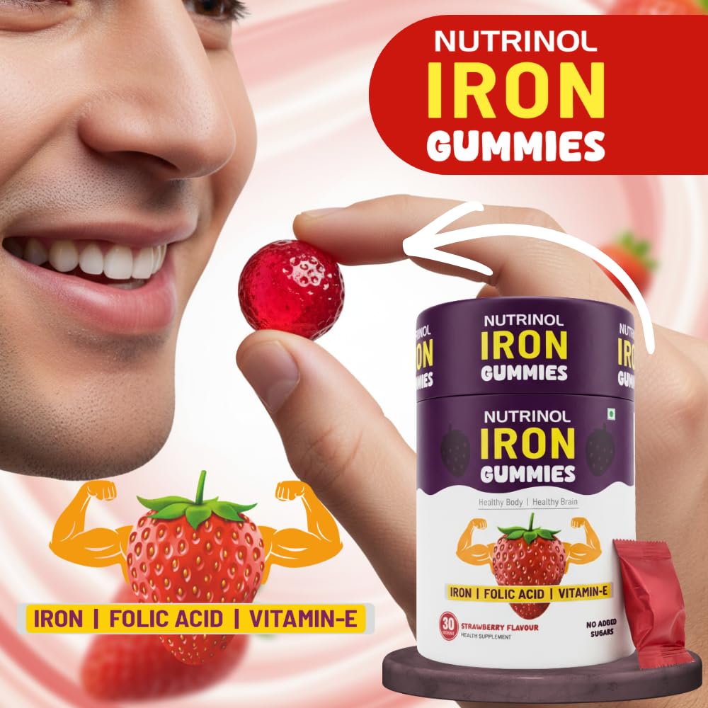 Knoll Healthcare Nutrinol Iron Gummies With Folic Acid & Vitamin E | Strawberry Flavour | No Sugar Added | 30 Gummies | Supports Hemoglobin, Energy & Immunity (Pack Of 2)