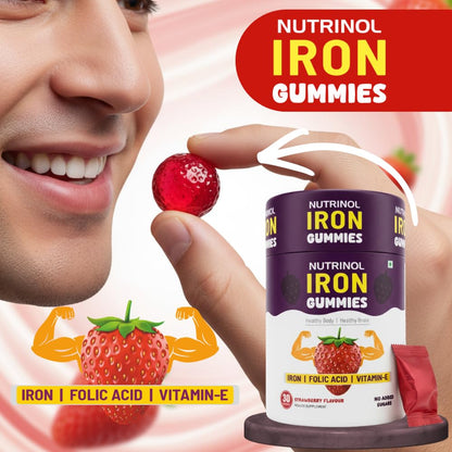 Knoll Healthcare Nutrinol Iron Gummies With Folic Acid & Vitamin E | Strawberry Flavour | No Sugar Added | 30 Gummies | Supports Hemoglobin, Energy & Immunity (Pack Of 2)