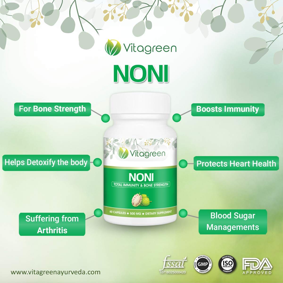 VitaGreen 100% Natural Noni Capsules(60 capsules,500mg) - Pack of 1- image 2