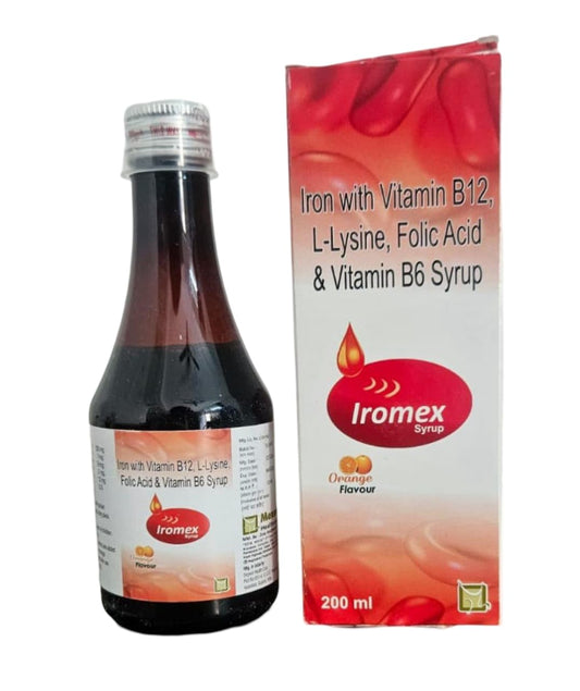 Iromex Syrup - Iron with Vitamin B12, L-Lysine, Folic Acid & Vitamin B6, Orange Flavor, 200 ml