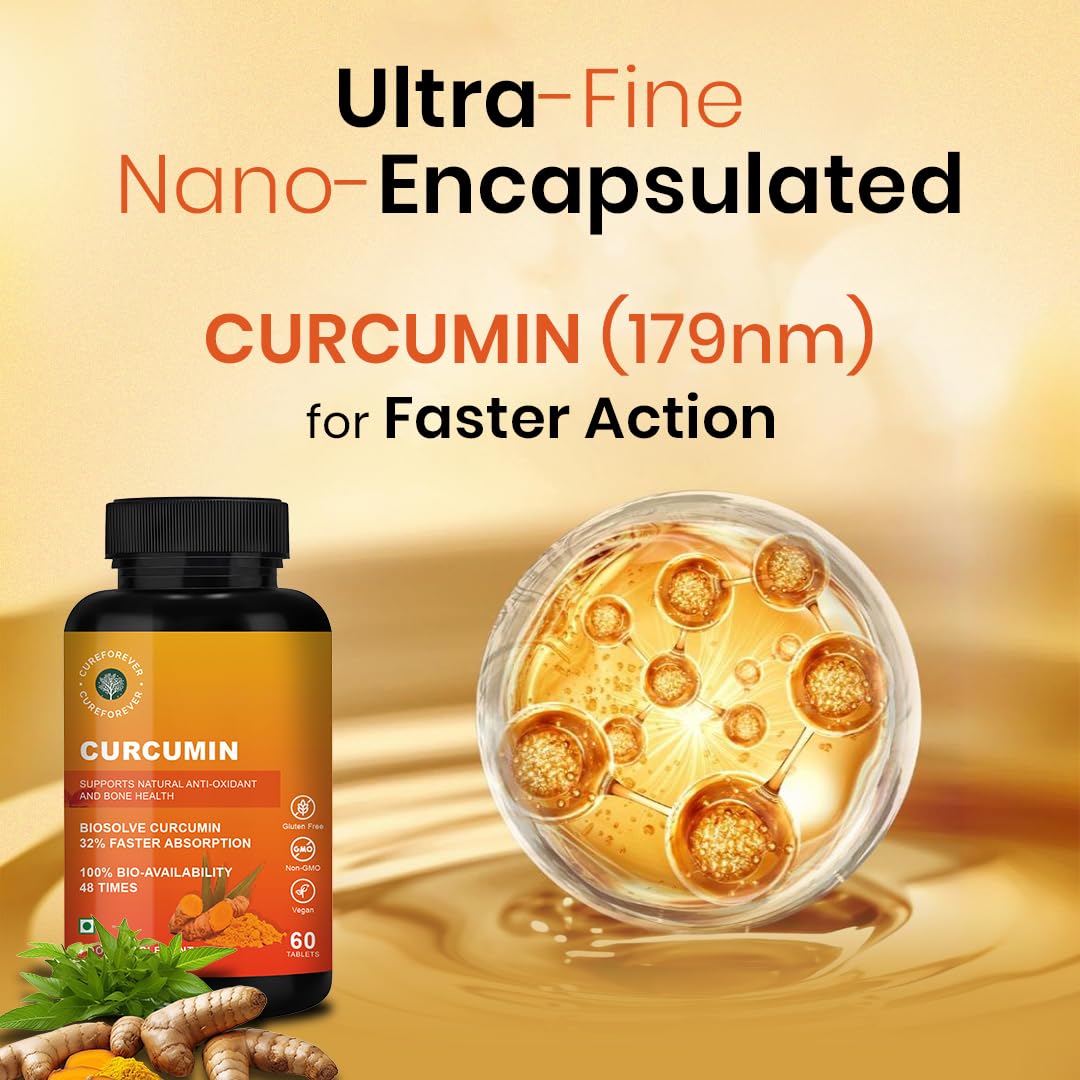 CUREFOREVER Turmeric Curcumin Tablets with BioPerine & Black Pepper Extract | High Absorption Curcumin Supplement for Joint, Immunity & Antioxidant Support | 600 mg Curcumin Blend | 60 Tablets
