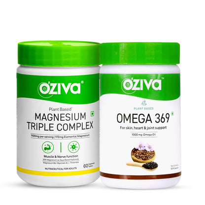 OZiva Magnesium Triple Complex 1100mg for Muscle, Sleep and Nerve Function | 60 Vegetarian Tablets & Plant Based Omega 3 6 9 Multivitamin Supplement for Men & Women, 60 Capsules