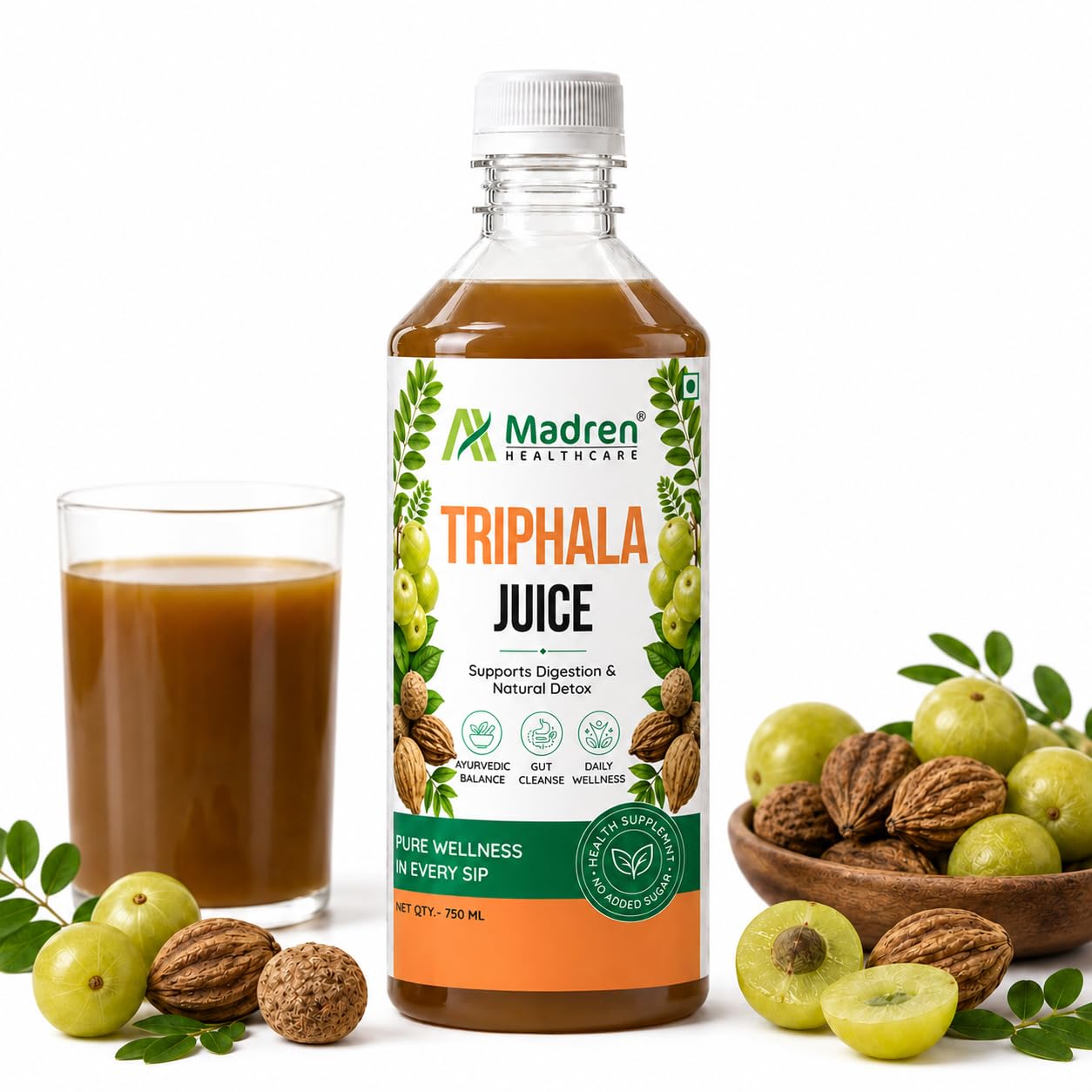 Madren Healthcare Ayurvedic Triphala Juice 750ml | Amla, Baheda & Haritaki Blend | Supports Digestion, Gut Health, Detox & Immunity | Zero Added Sugar | Natural Ayurvedic Herbal Juice | Vegetarian | For Men & Women