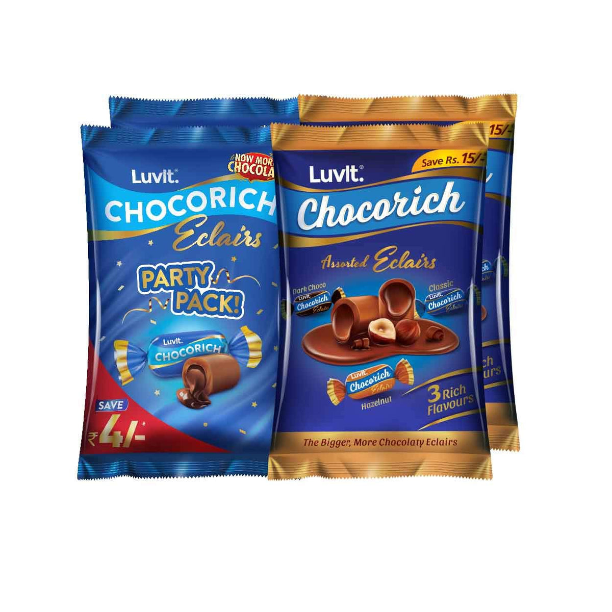 LuvIt Chocorich Assorted Eclairs Birthday Party Gift Chocolate Combo - Hazelnut, Dark Choco, Classic & Chocorich Chocolate Eclairs 1807gm - Pack of 4