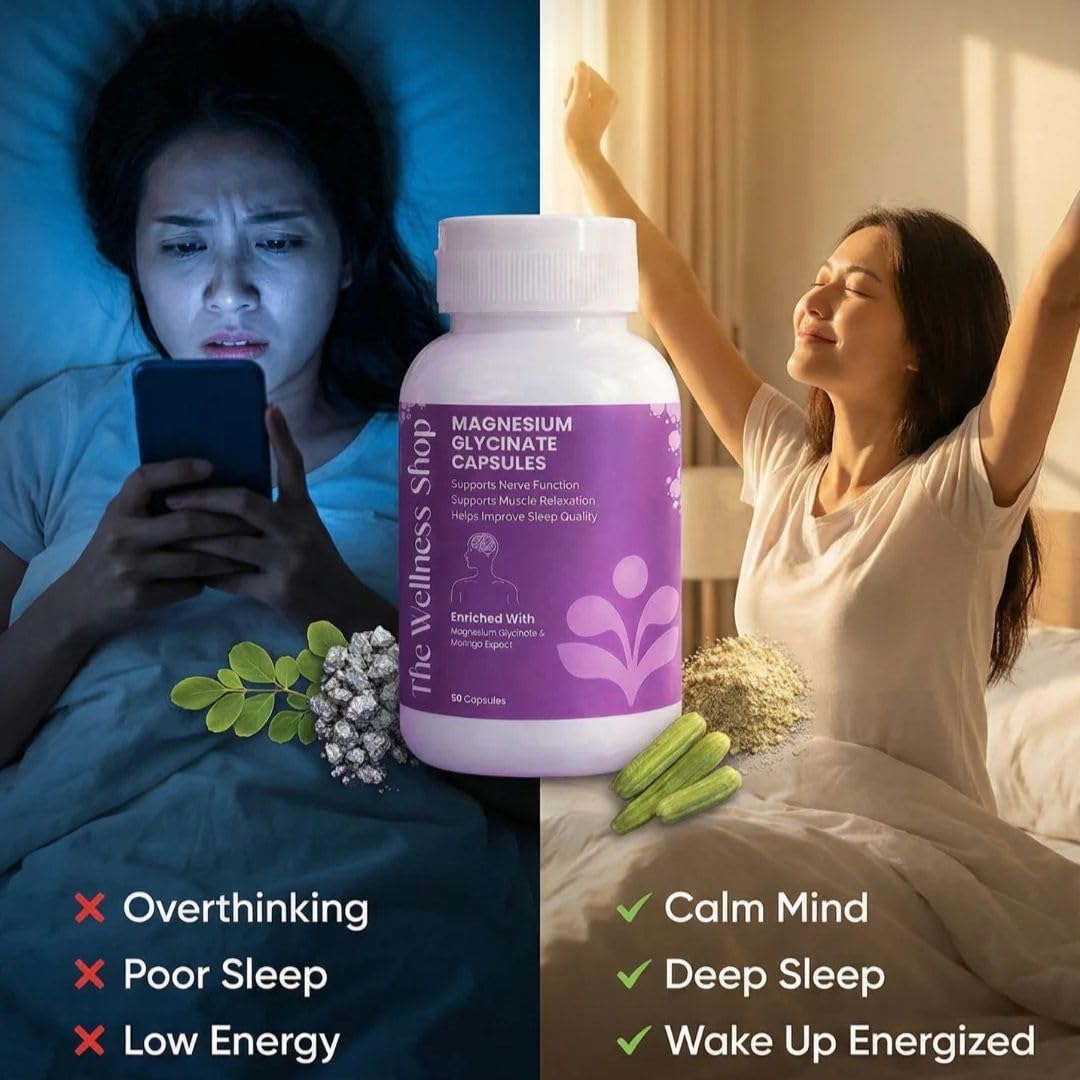 The Wellness Shop Magnesium Glycinate Capsules | High Absorption Supplement | Supports Better Sleep Stress Relief Muscle Recovery and Nerve Health | Helps with Cramps and Relaxation | 90 Veg Capsules