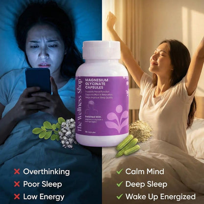 The Wellness Shop Magnesium Glycinate Capsules | High Absorption Supplement | Supports Better Sleep Stress Relief Muscle Recovery and Nerve Health | Helps with Cramps and Relaxation | 90 Veg Capsules