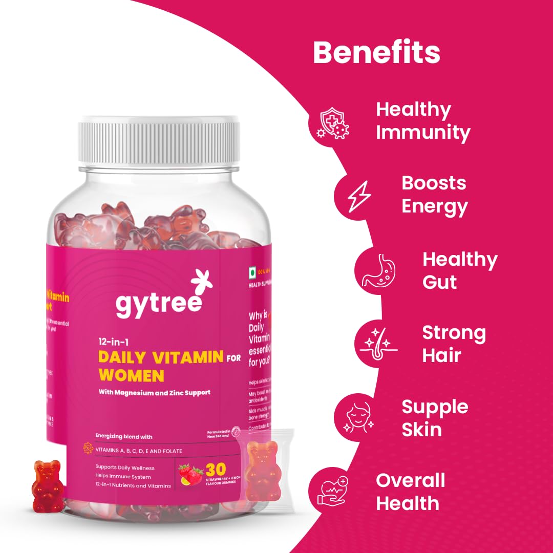 Gytree Iron & Multivitamin Gummies for Women | SunActive Fe for Haemoglobin & Immunity | Vitamins C, D, E, B12, Magnesium & Zinc for Bone, Muscle & Skin Health | Pregnancy Safe | 30+30 Packs