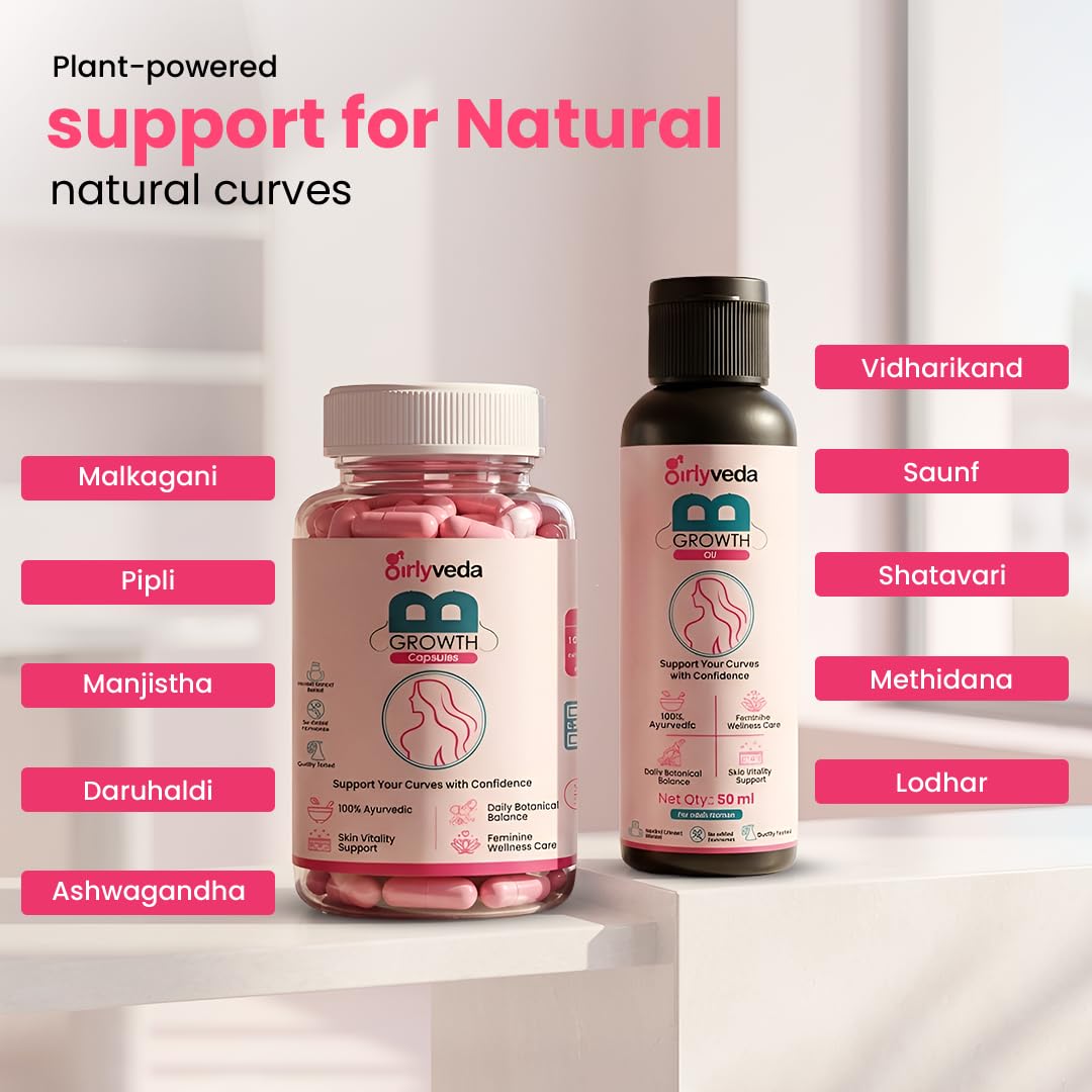 B-Growth Ayurvedic Women Wellness Combo | For Feminine SkinNourishment | with Ayurvedic Herbs Shatavari & Safed Musli | (60 Capsules & 50ml Oil)