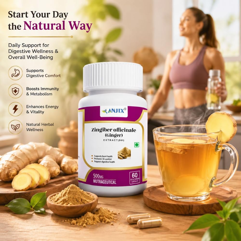 ANJIX Ginger Root Extract, Zingiber Officinale, 3% Gingerol, 500 mg, Pack of 60 Veg Capsules