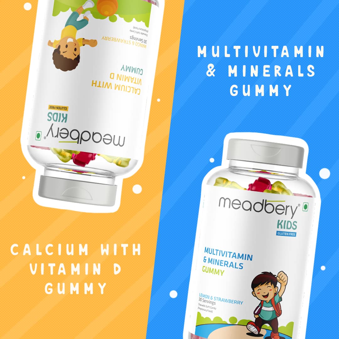Meadbery Multivitamin Calcium Combo Gummy Bears Glutenfree Formula With Minerals And Vitamins B C D E B12 B6 For Kids Bone Health Growth Kids Bone Teeth Health 30+30 Tasty Gummies