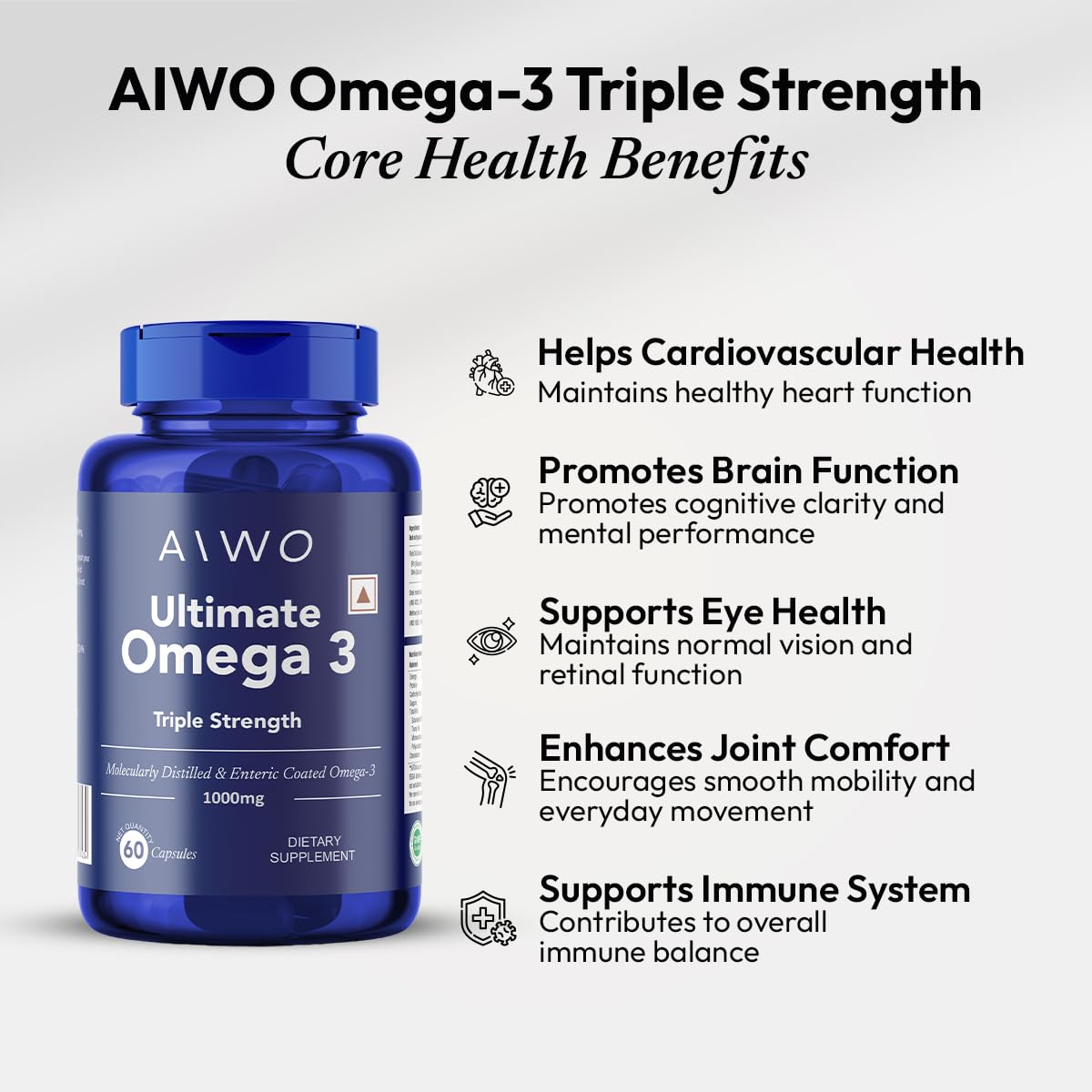AIWO Ultimate Omega 3 Triple Strength Fish Oil Capsules for Men & Women, 1000 mg with 460 mg EPA & 380 mg DHA, 60 Softgels, Burp-Free Formula, Supports Heart, Brain, Joints & Eye Health