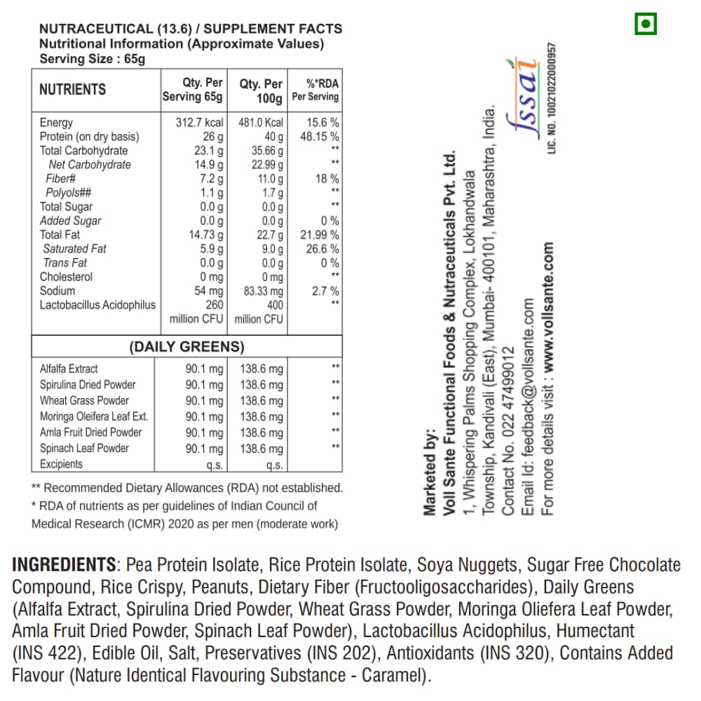 Voll Pro Plant Protein Bar with Daily Greens - High Protein 26g, Fiber 7g, 0g Sugar - Crunchy, Delicious Nutrient-Rich Protein Bars, 65g Bar (Pack of 3)