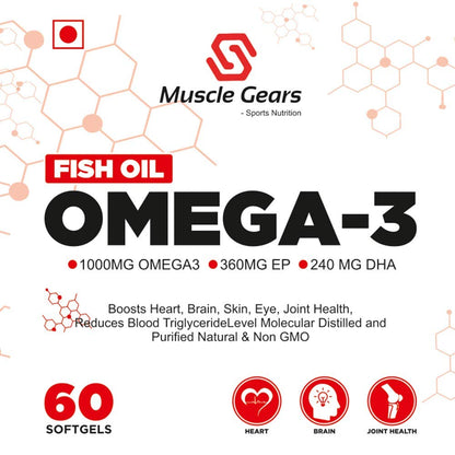 Muscle Gears Omega-3 Fish Oil 1000mg | 360mg EPA & 240mg DHA | Heart, Brain, Eye, Skin & Joint Health | Molecularly Distilled | Non-GMO | For Men & Women | 60 Softgels
