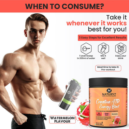 NATURYZ Creatine ATP Energy Blast 3G Creatine | Pre Workout ATP Energy Drink | Electrolytes | Supports Lean Muscle Mass & Volume, Endurance & Power for Intense Workout - 250g(Watermelon)