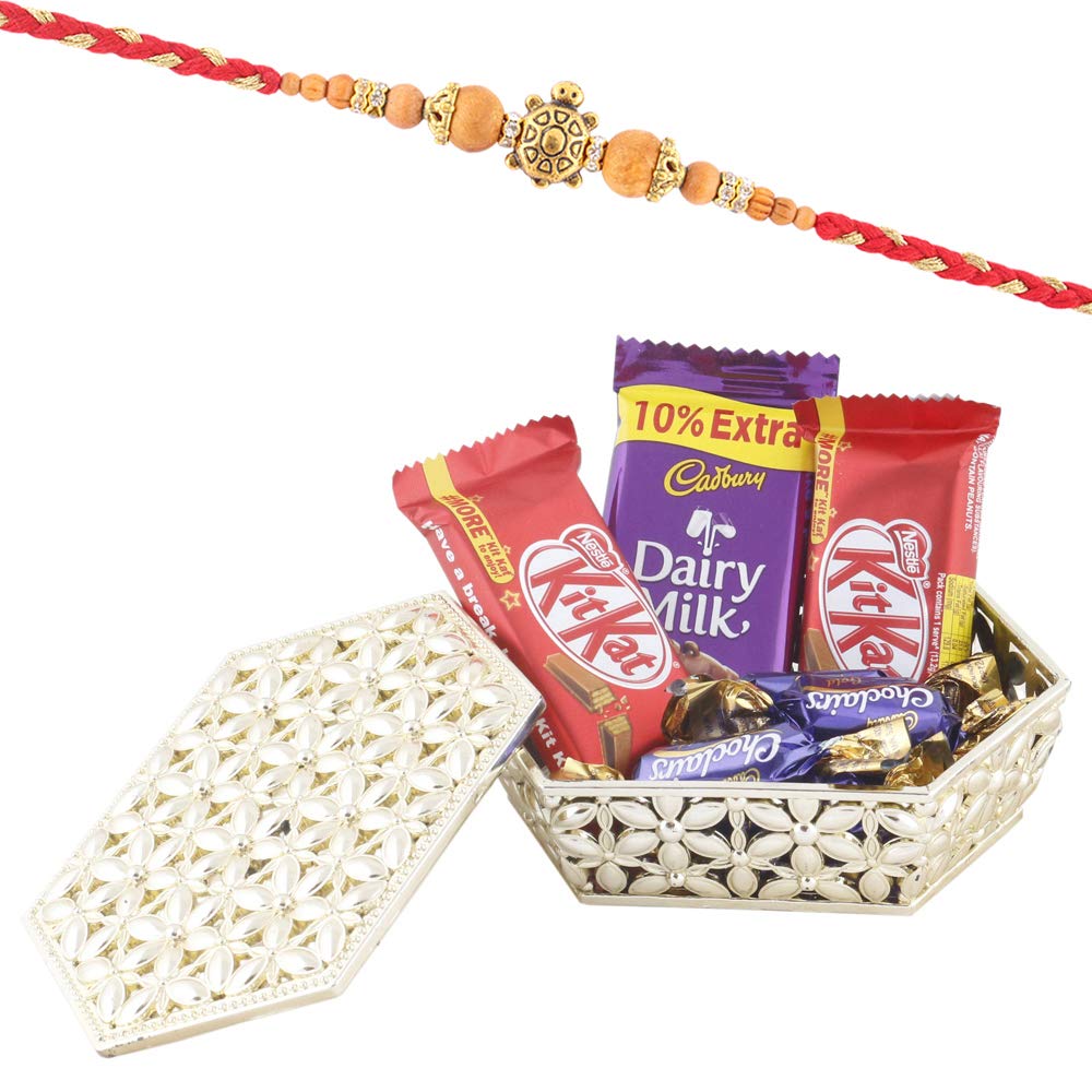 SFU E Com Tortoise Rakhi & Chocolate Hamper|Rakhi Chocolate Gift For Brother|Roli, Chawal, Chandan, Misri|6,121 Grams
