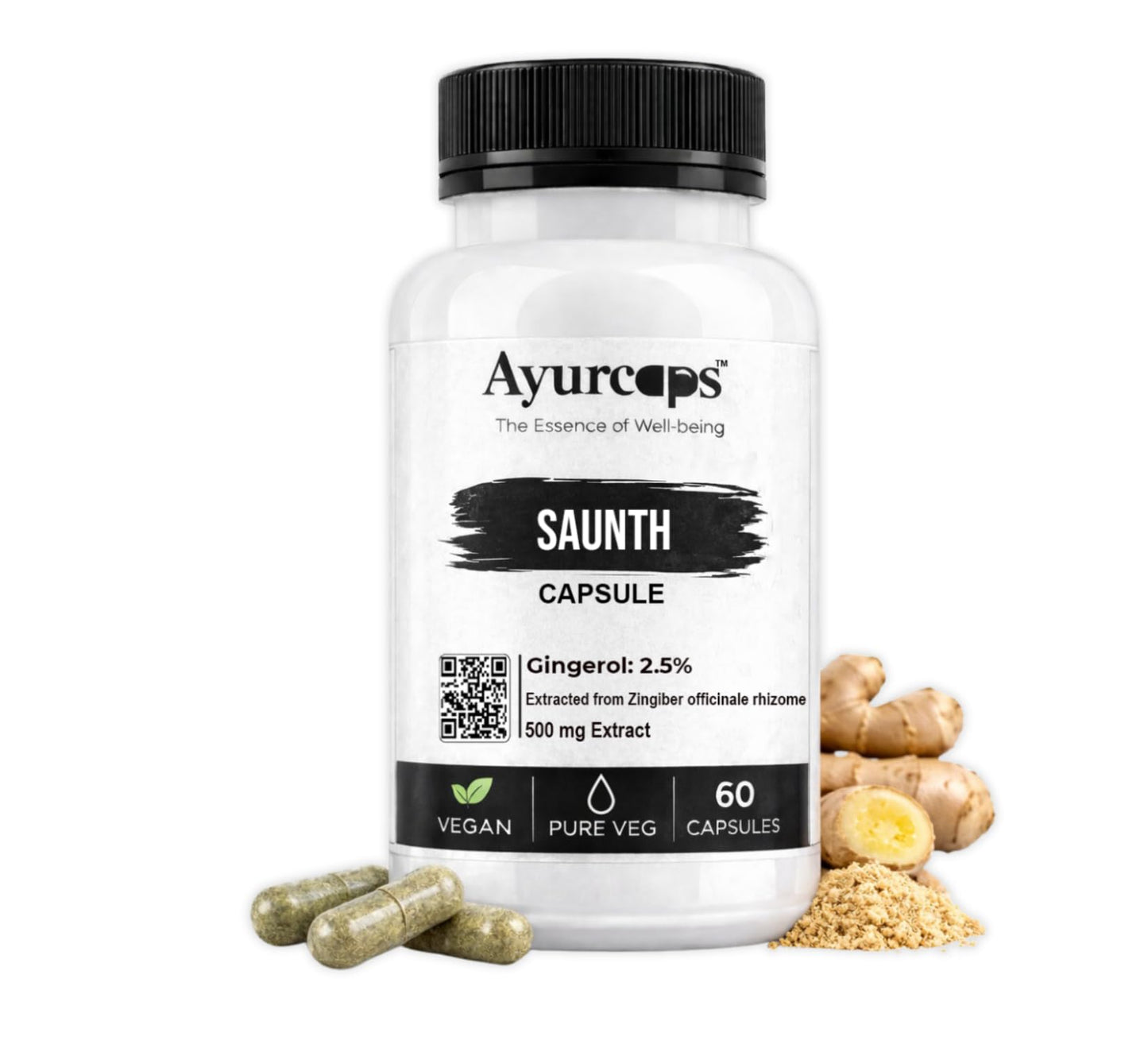Ayurcaps Saunth (Dry Ginger) 500mg Capsules | 60 Veg Capsules | Ginger Herbal Supplement For Digestive Support, Metabolism Support And Immune Wellness | Plant-based Ayurvedic Formula For Men And Women