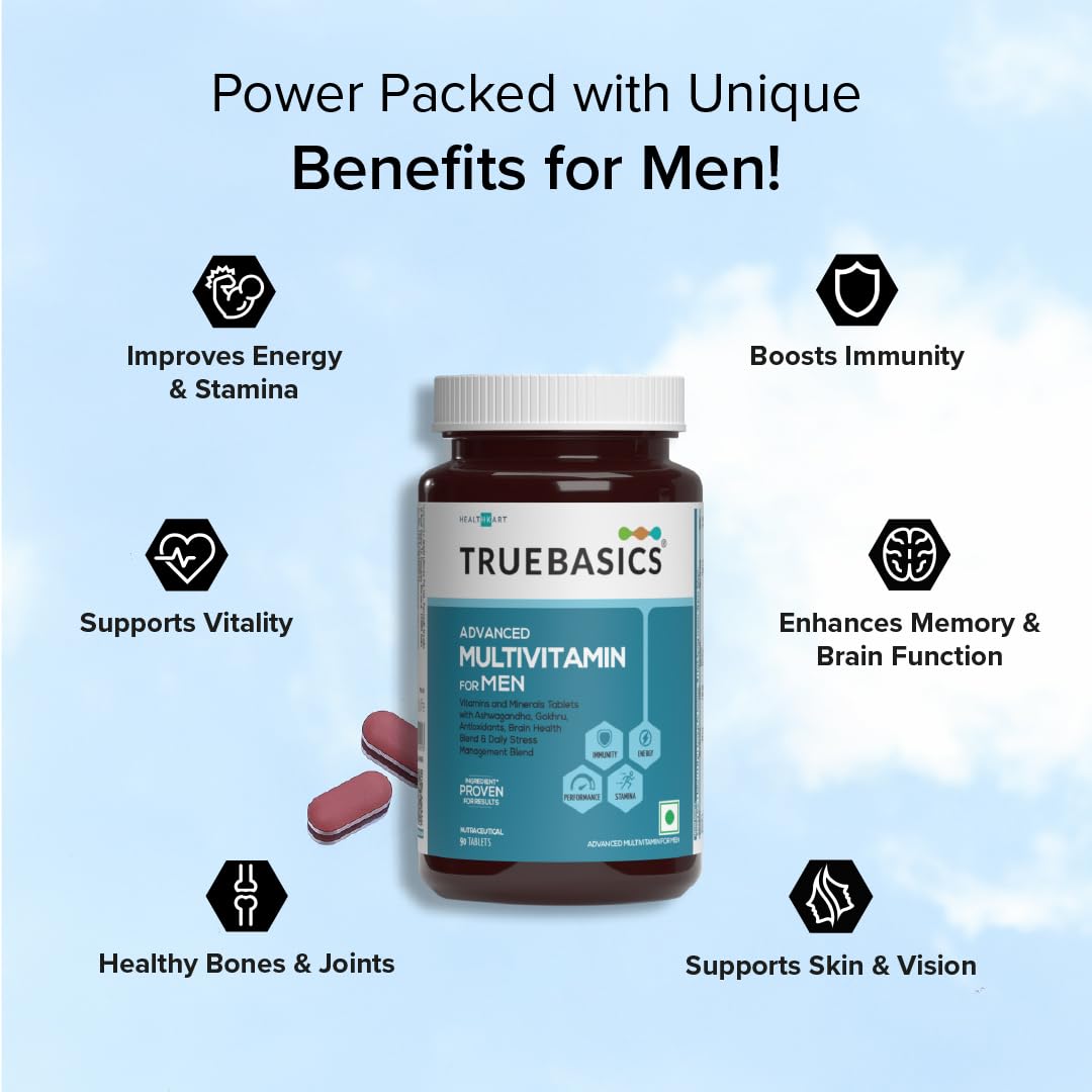 TrueBasics Advanced Multivitamin For Men (90 Tablets) | With Ashwagandha, Gokhru & Kawach, Vitamin D3 and Multiminerals | For Immunity, Energy, Strength & Stamina