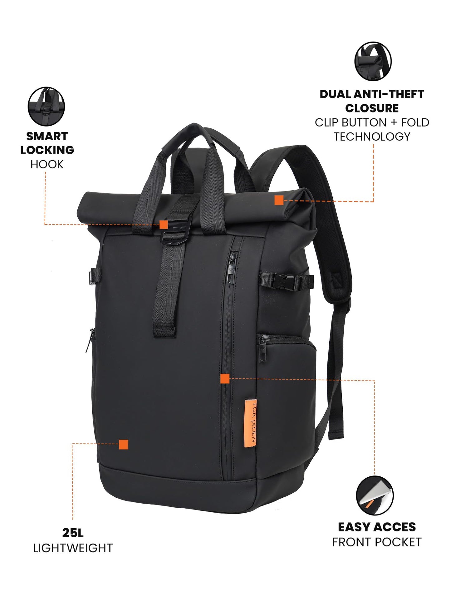 FUR JADEN Vegan Leather Stylish 15.6 Inch Premium Laptop Backpack for Office & Travel (Black)
