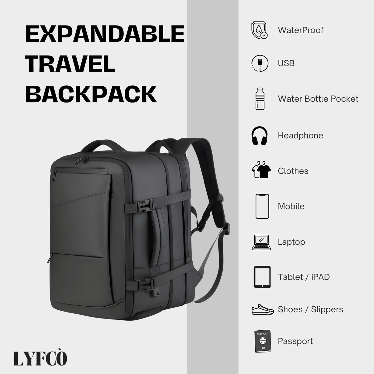 LYFCO Expandable Travel Backpack - Black | For Men & Women | Large Capacity Laptop Bag | Waterproof Oxford Fabric | Shoe Compartment, Wet-Dry Separation & USB Charging | Business & Travel Backpack