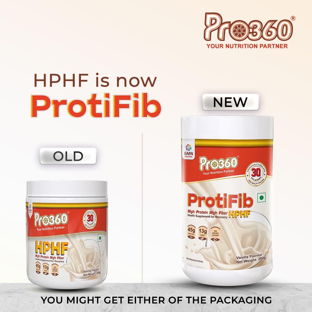 Pro360 Protifib HPHF High Protein High Fiber Nutritional Supplement Powder for Recovery from Critical Illness with 30 Vital Nutrients - 45g of Protein, 13g of Fiber - Vanilla Flavor - 200g pack