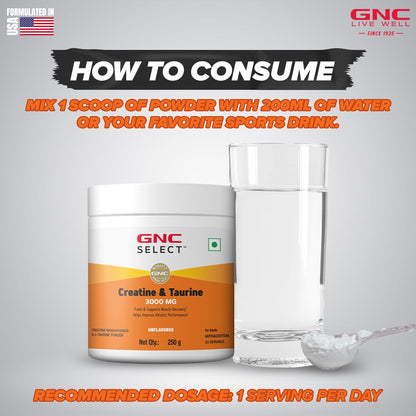 GNC Pure Micronized Creatine Monohydrate + Taurine | 250 gm | 83 Serving | Unflavoured | Instantized | Fuels Muscles | Increase Muscle Mass | Rapid Absorption | Faster Muscle Building| Lab Tested | Faster Muscle Recovery| Boost Performance | Imported