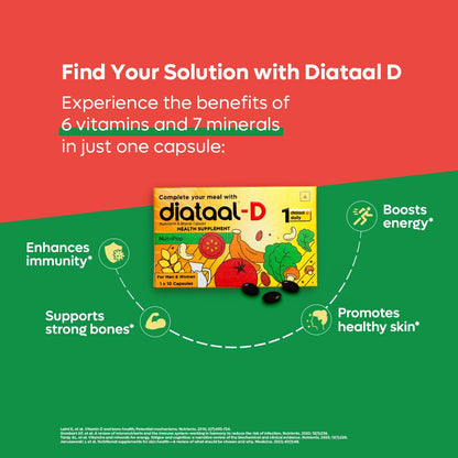 Diataal-D Multivitamin with additional Vitamin D I Heart Health I Strong Bones I Immunity I Health, Fitness & Wellness Supplement | 30 Capsules