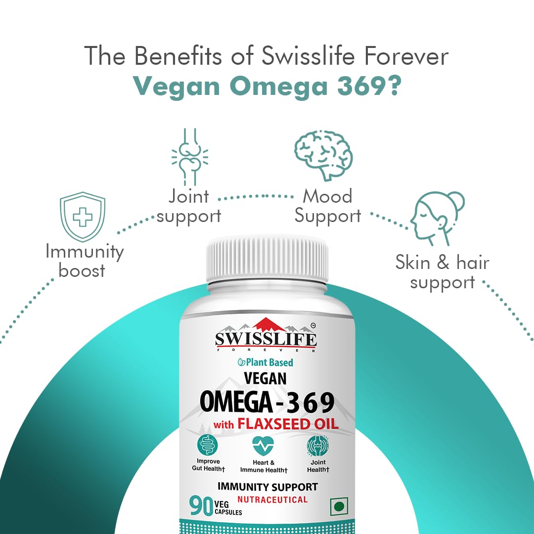 SWISSLIFE FOREVER Vegan Omega 3 6 9 (90 Capsules) for Men & Women | Flaxseed, Borage and Olive Oils | for Heart, Skin, Hair, Joint, Mood & Muscles