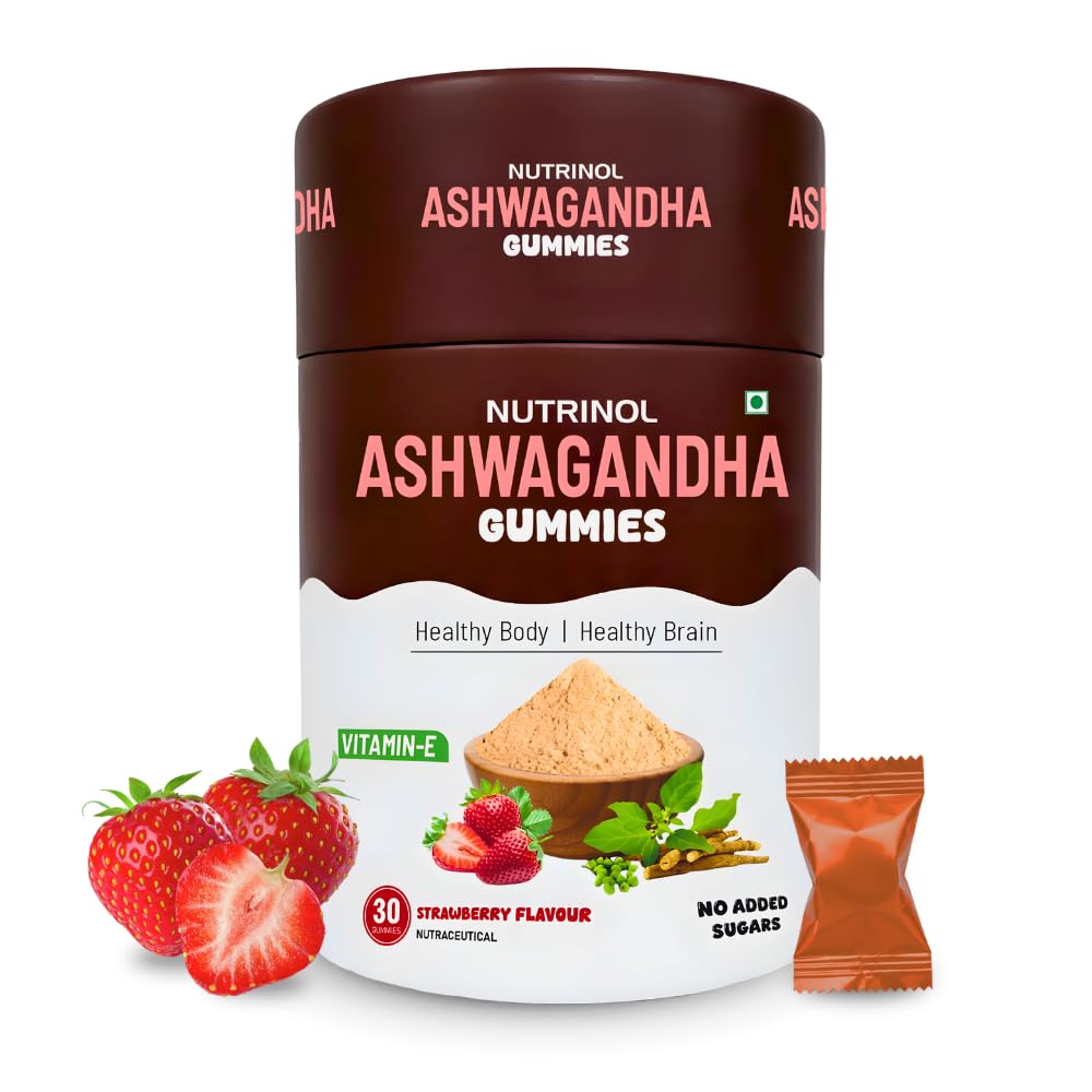 Knoll Healthcare Nutrinol Ashwagandha Gummies for Men & Women | 250mg Withania Somnifera + Vitamin E | Stress Relief, Energy, Brain Support | No Added Sugar | Strawberry Flavour | 30 Gummies