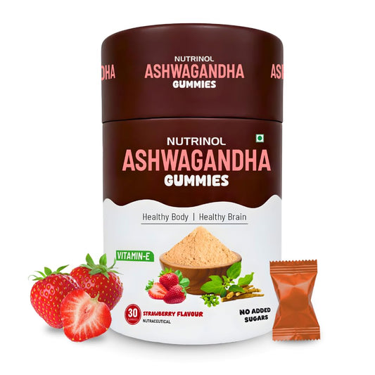 Knoll Healthcare Nutrinol Ashwagandha Gummies for Men & Women | 250mg Withania Somnifera + Vitamin E | Stress Relief, Energy, Brain Support | No Added Sugar | Strawberry Flavour | 30 Gummies