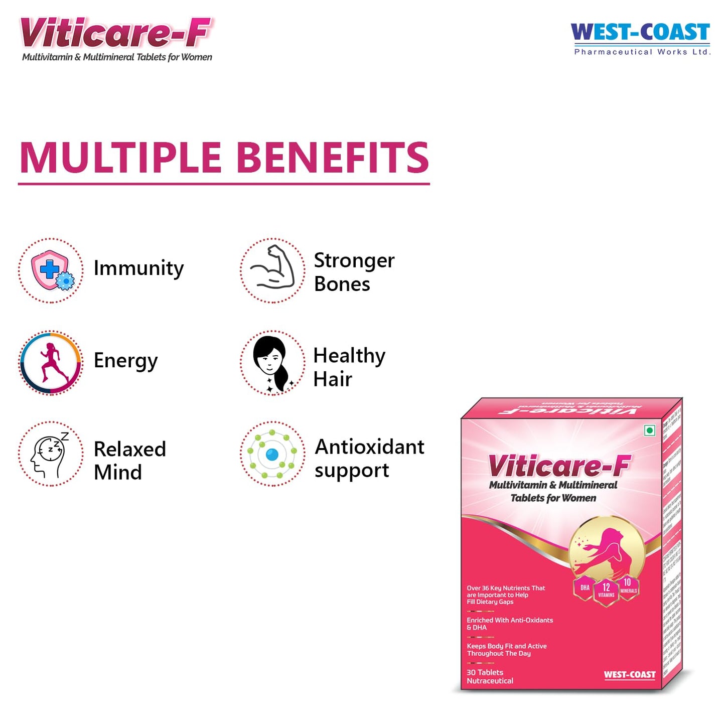 WEST-COAST Viticare F Multivitamin, Multimineral & Antioxidants Tablets, over 24+ key nutrients for daily nutritional requirement with grape seed extract - 30 Tablets