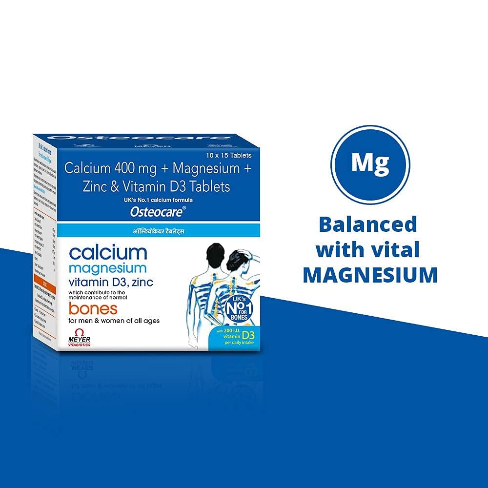 Osteocare Calcium Magnesium Zinc & Vitamin D3 Tablets (2.5 Months Pack) | 400mg Elemental Calcium with Magnesium & Zinc | Daily Nutritional Supplement | Gluten Free | 150 Tablets | 1,254mg Per Tablet