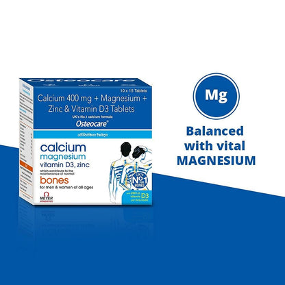 Osteocare Calcium Magnesium Zinc & Vitamin D3 Tablets (2.5 Months Pack) | 400mg Elemental Calcium with Magnesium & Zinc | Daily Nutritional Supplement | Gluten Free | 150 Tablets | 1,254mg Per Tablet