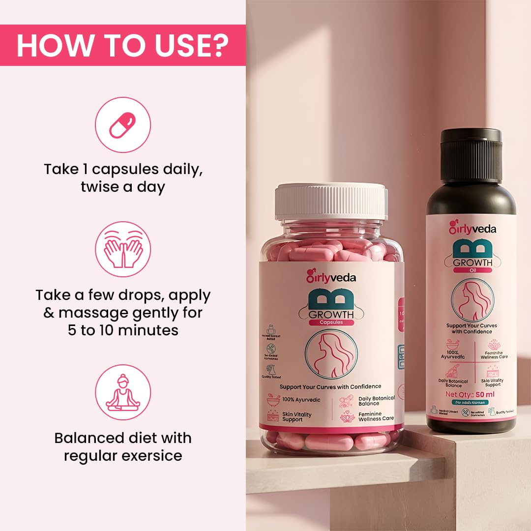 B-Growth Ayurvedic Women Wellness Combo | For Feminine SkinNourishment | with Ayurvedic Herbs Shatavari & Safed Musli | (60 Capsules & 50ml Oil)