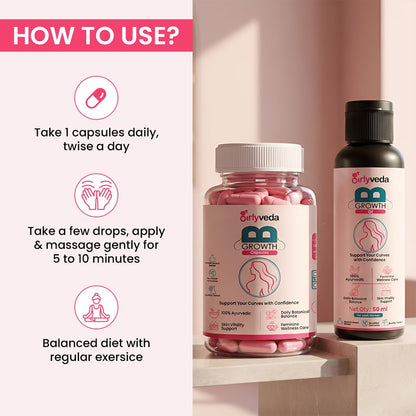 B-Growth Ayurvedic Women Wellness Combo | For Feminine SkinNourishment | with Ayurvedic Herbs Shatavari & Safed Musli | (60 Capsules & 50ml Oil)